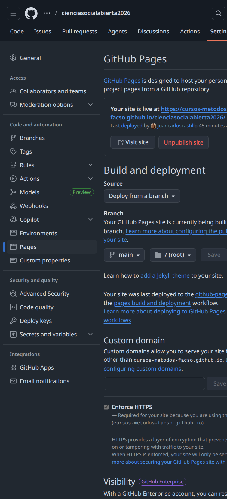 Configuración de GitHub Pages en Settings