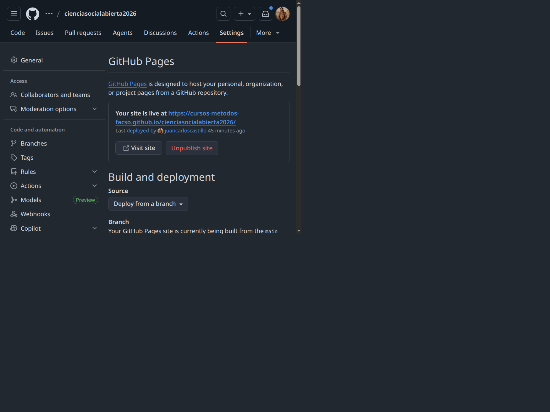 Sección Build and deployment de GitHub Pages