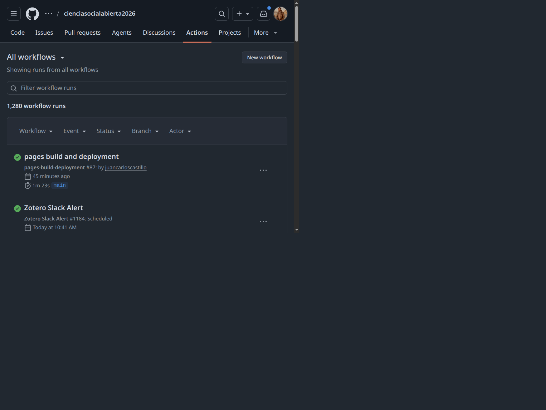 Panel de GitHub Actions para revisar despliegue